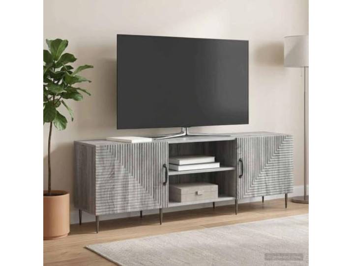 GKMBCVDFR TV-Schrank 150 x 31 x 50 cm Sonoma-Grau Holzwerkstoff mit Türen Vintage-Design, schwarze Metallbeine, Pendeltüren, Regalbretter, pflegeleichte Oberfläche