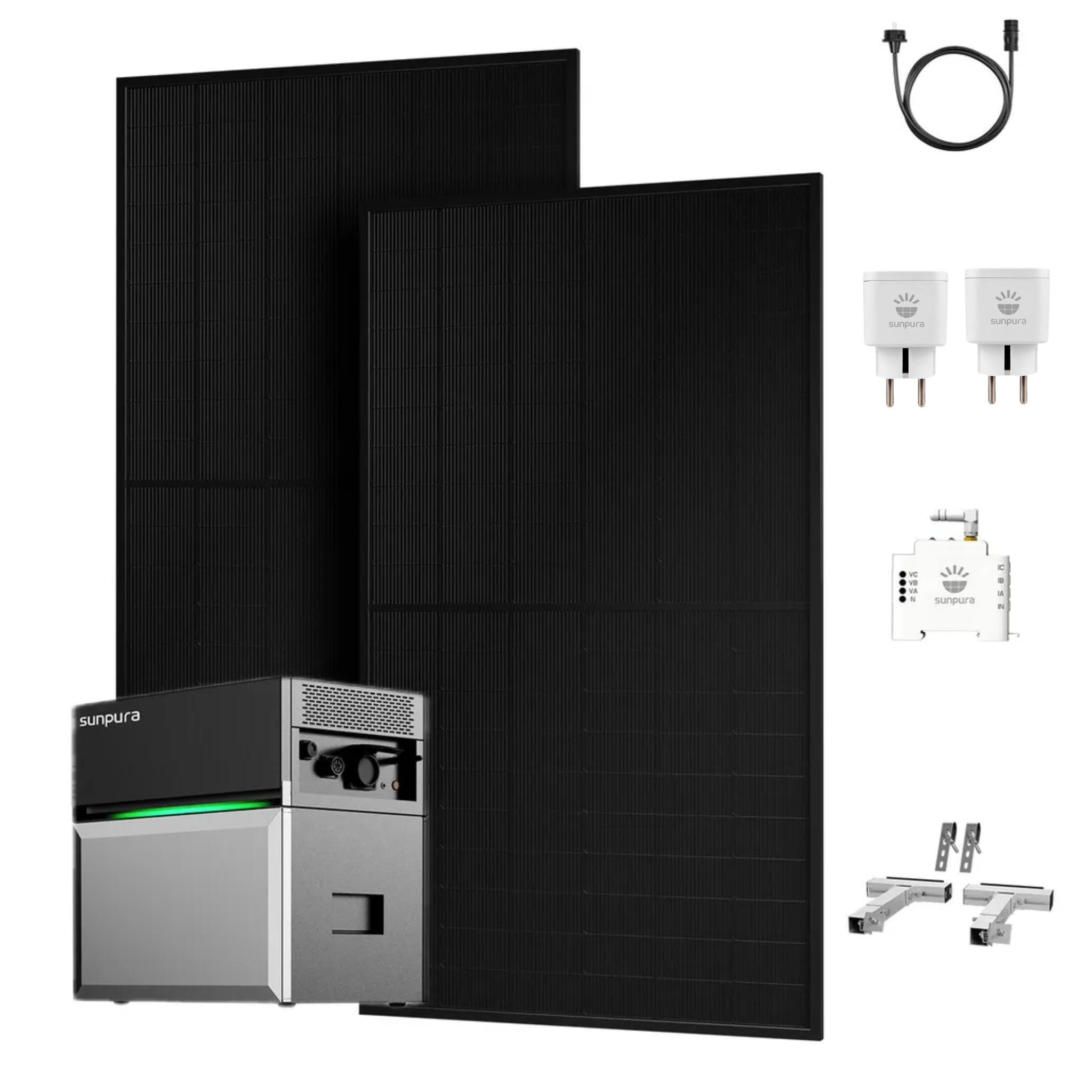 Balkonkraftwerk mit Speicher, Sunpura S2400 Speicher mit 2x 500W Solarpanel & Smarter Zähler & 2x Plug, 2x Balkon-Halterung Silber (0% MwSt)