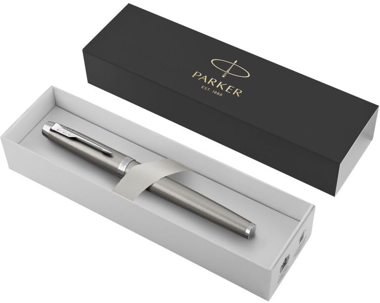 Stylo plume personnalisé argent et noir mat à encre bleue Parker IM Argent