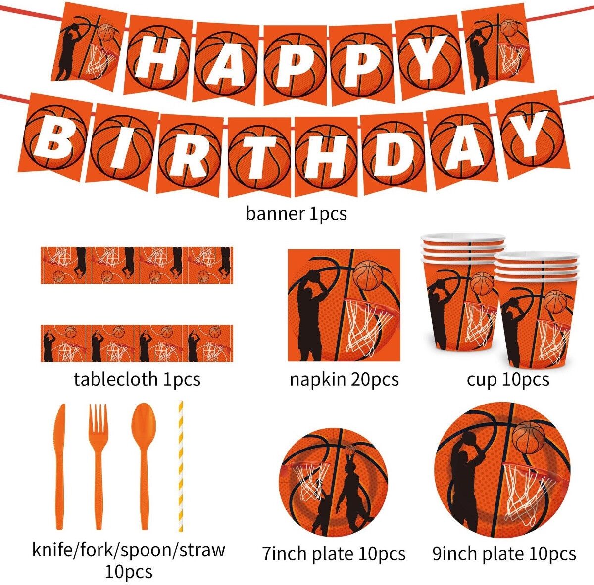 INF 92-teiliges Basketball-Party-Set – Orange, Einweg-Teller, Becher, Besteck und Dekorationen