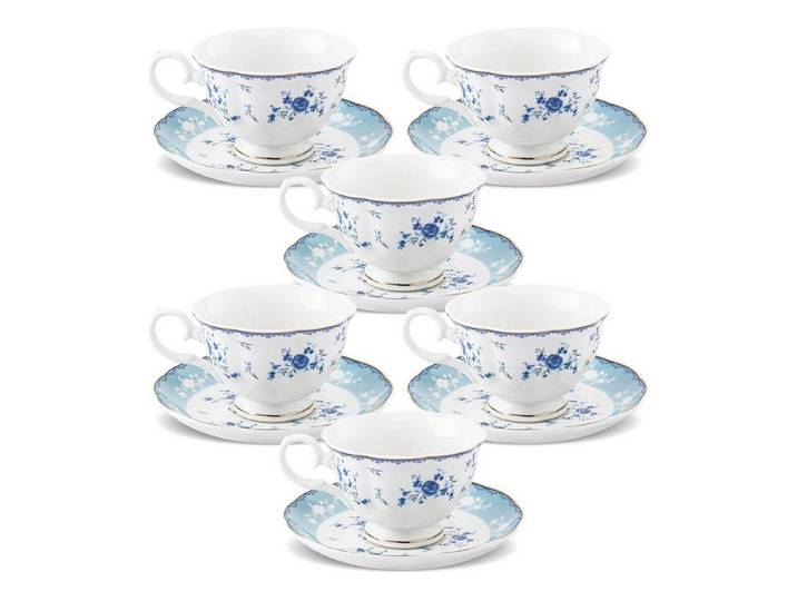LuxusKollektion Tasse Teetassen Untertassen 6teilig Porzellan 150ml Blumenmuster Blau, Keramik