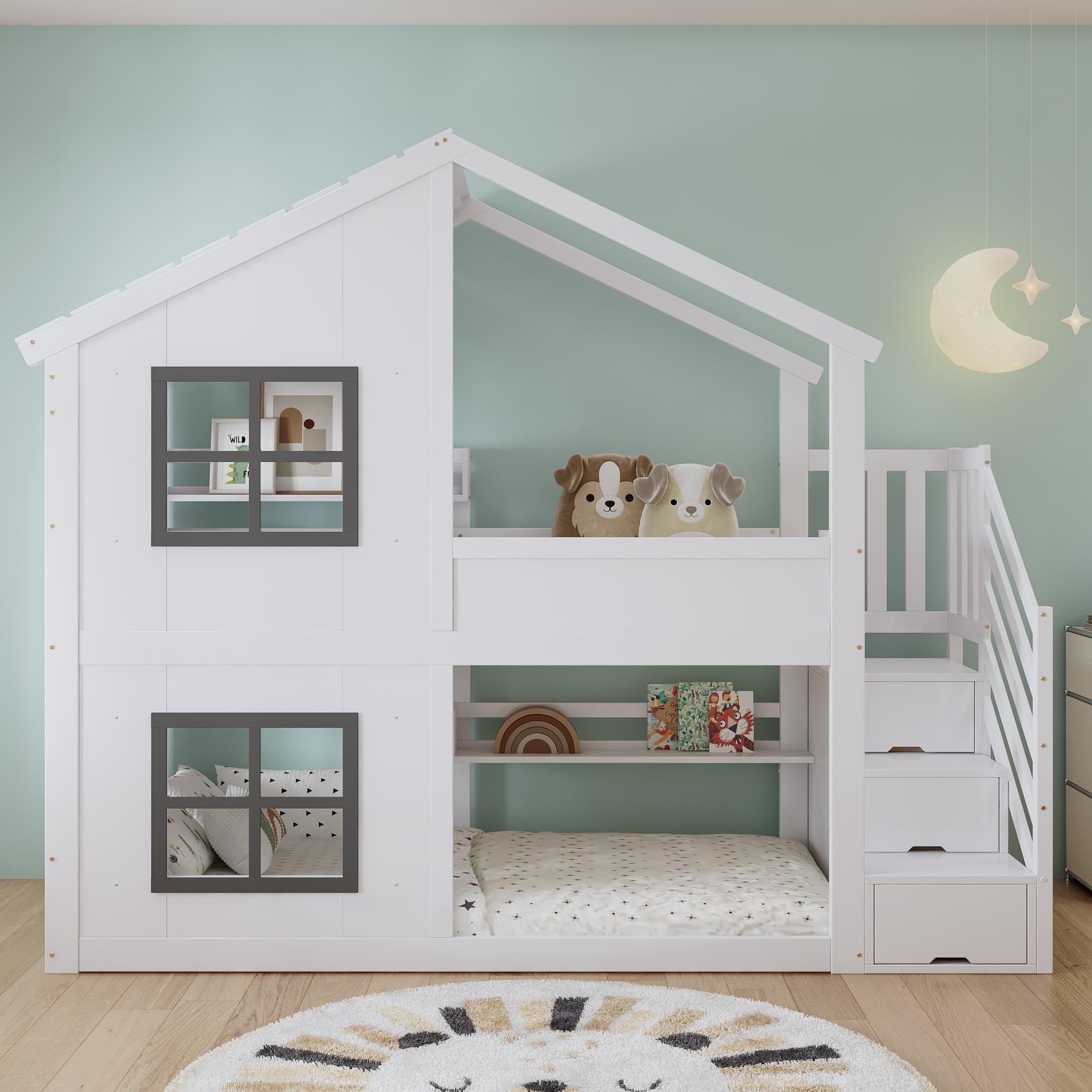 Flieks Kinderbett Hausbett 90x200cm mit Fenster und Dach, Etagenbett mit Stauraumtreppe, Kinder Hochbett Einzelbett für 2 Kinder, Weiß