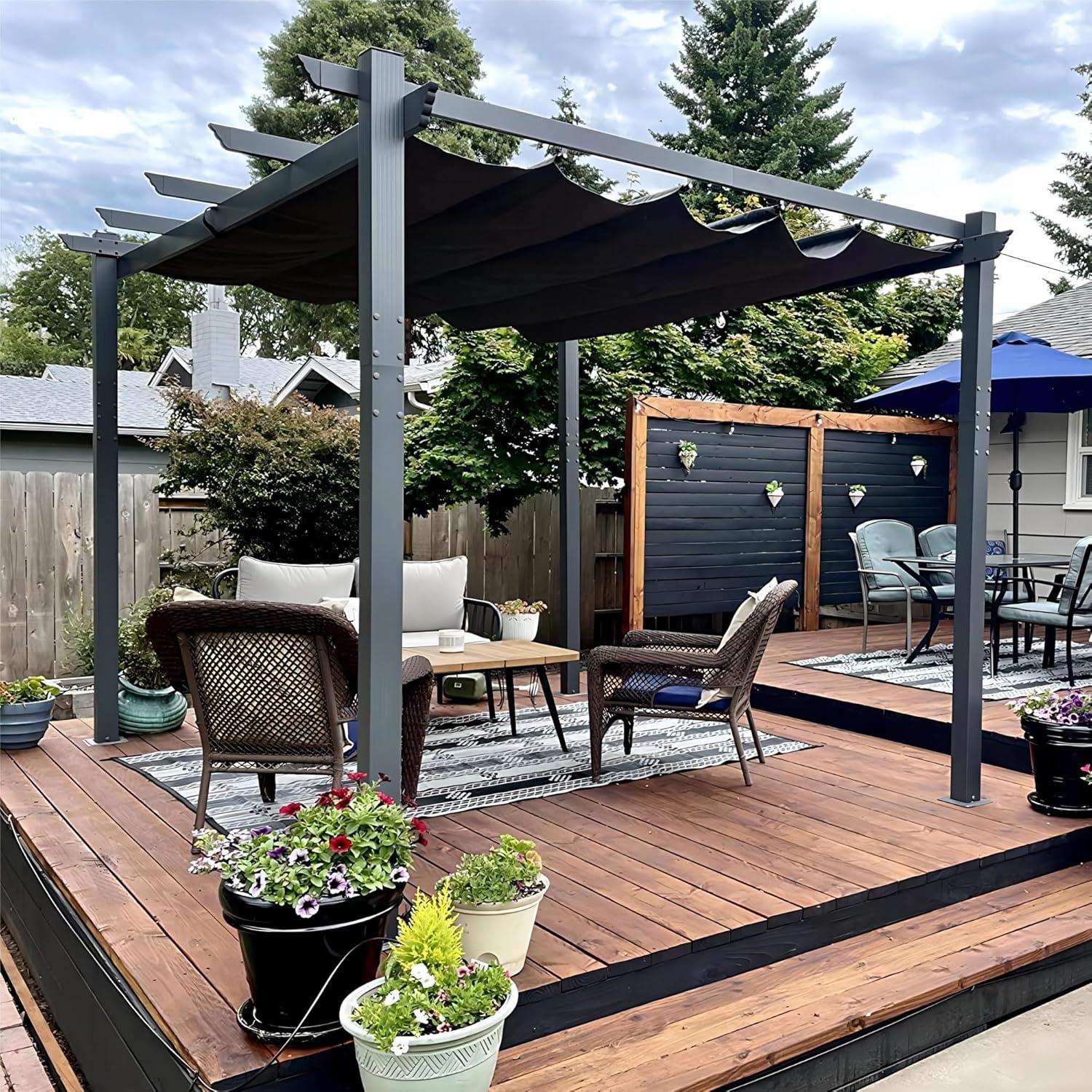 PURPLE LEAF Aluminium Pergola 3 x 3.65 m Wasserdicht Stabil Winterfest, Garten Pavillon mit Sonnenschutz uberdachung, UV-Schutz, Grau