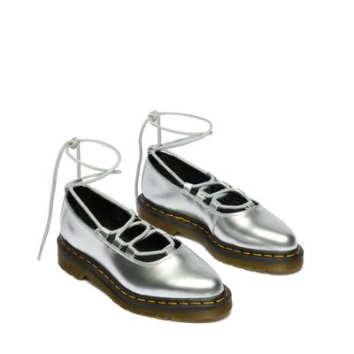 Loafer DR. MARTENS "Elphie", Damen, Gr. 38, silber (silberfarben), Lackleder, Schuhe Loafer, Blockabsatz, Ballerina, Plateauschuh mit extravaganter Schnürung