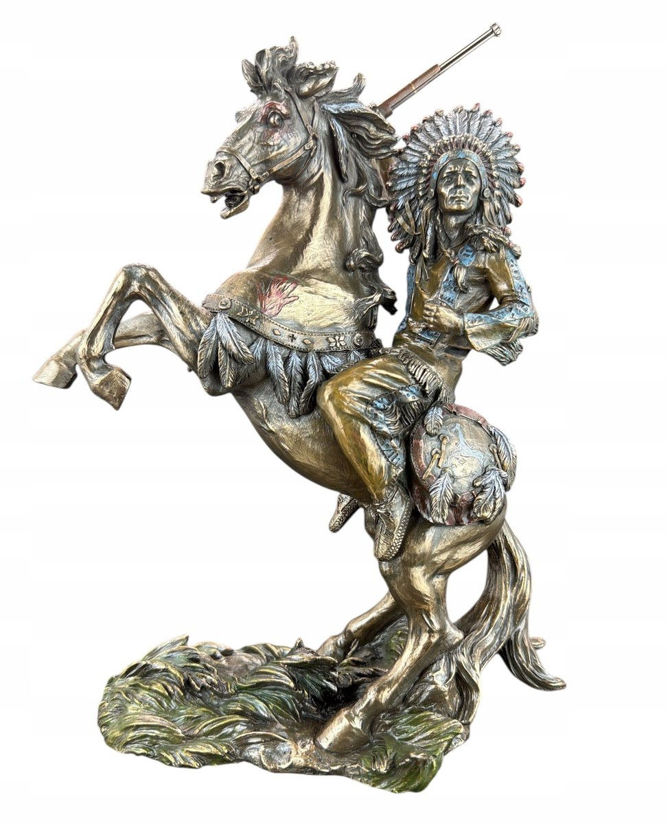 Handgeschilderde Indiaan op Paard Sculptuur - Bronskleurig
