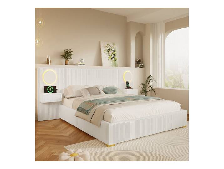 Flieks Polsterbett, Doppelbett 180x200cm mit LED-Licht, USB-Anschlüssen, 2 Nachttische
