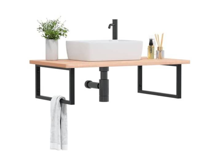 KTHLBRH Waschbeckenregal Wandmontage Stahl Massivholz Buche Schweberegal Ungebohrte Holzplatte, flexible Positionierung, moderne Optik, Handtuchaufhängung, robuste Konstruktion