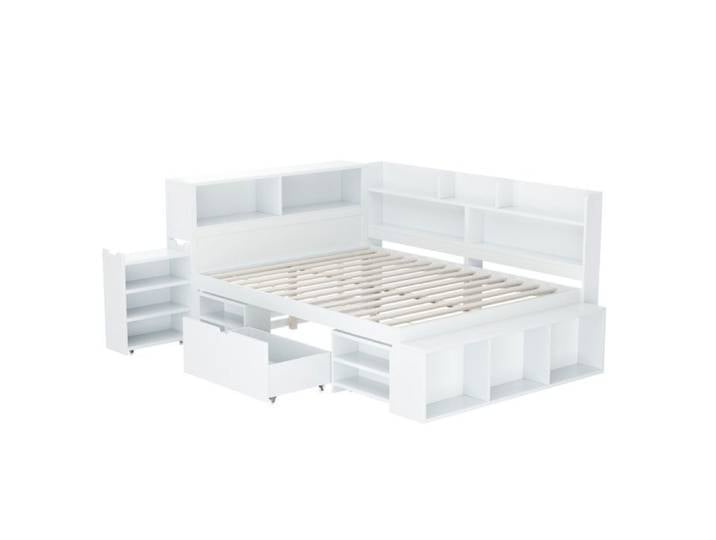 Lit enfant 140x190 cm avec tiroirs et étagères blanc