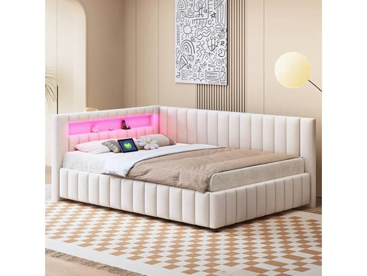 Ball & Cast Sofabett (140x200cm) mit Lichtleiste und USB-Ladeanschluss, Tagesbett mit Gepolstertes aus Samtstoff, Einfach & Zeitsparend Montierbar, Beige