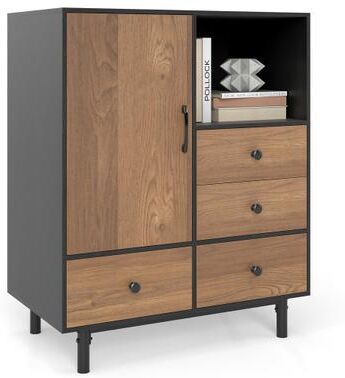 Costway Buffet Sideboard Mid Century Modern Storage Cabinet with 4 Drawers and Open Compartment-Black