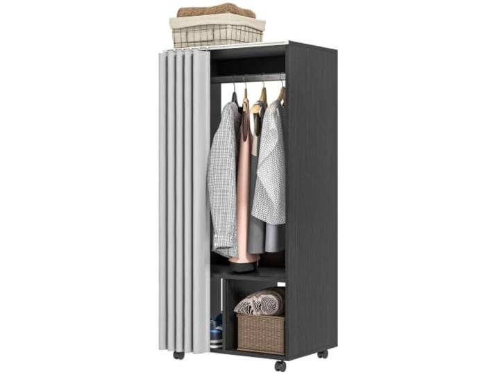 HOMCOM Mobiler Kleiderschrank mit Vorhang 60x40x128cm Schwarz Aufbewahrungsschrank, 4 Rollen, Kleiderstange, Regale, rollbarer Schrank für Schlafzimmer