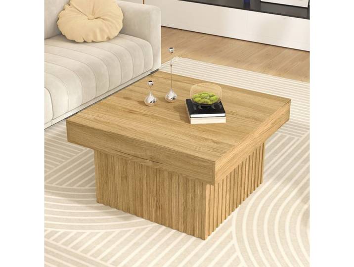 Table basse carrée 79x79x46 cm en bois plateau PB et base MDF couleur naturelle charge 70 kg montage facile ORVRYN