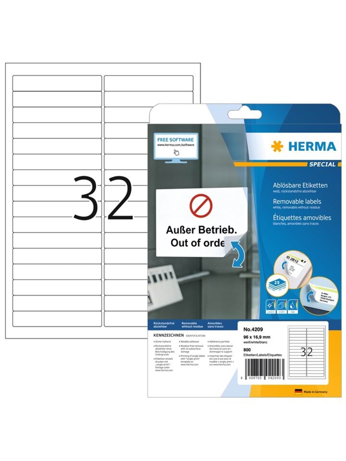 HERMA Ablösbare Etiketten A4, 96 x 16,9 mm, weiß