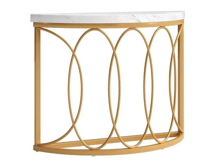 Console demi-lune table d'entrée 110x35x80 cm effet marbre blanc structure métallique dorée FOLYNA