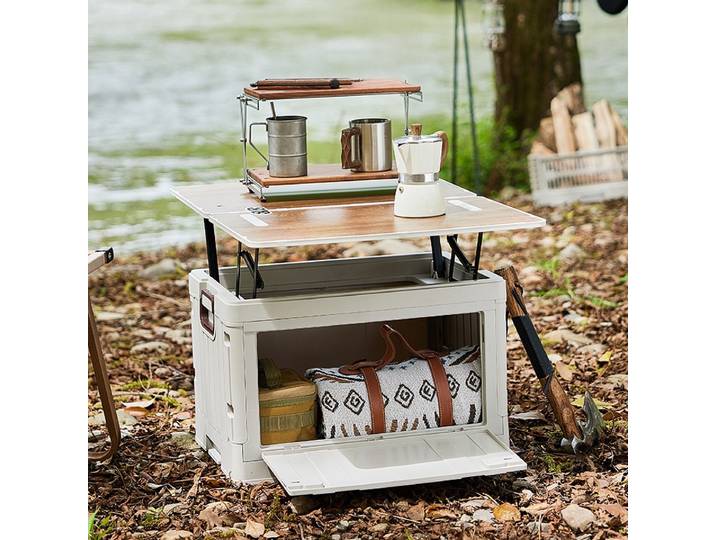 Boîte de camping, boîte de transport d'extérieur, boîte de rangement pliante, boîte de rangement à couvercle rabattable, boîte de rangement pour coffre de véhicule avec couvercle en bois