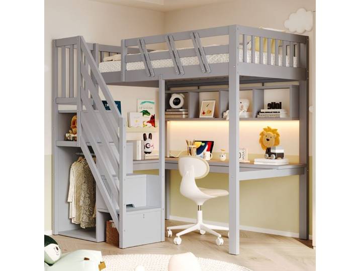 Lit mezzanine enfant 90x200 avec bureau escalier de rangement gris