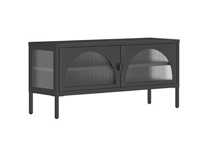 LMTYOENFG TV-Schrank Schwarz 105x35x50 cm TV-Board aus Stahl & Glas Moderner Lowboard Phonoschrank mit Riffelglas-Türen und verstellbarem Einlegeboden für Wohnzimmer oder Schlafzimmer.