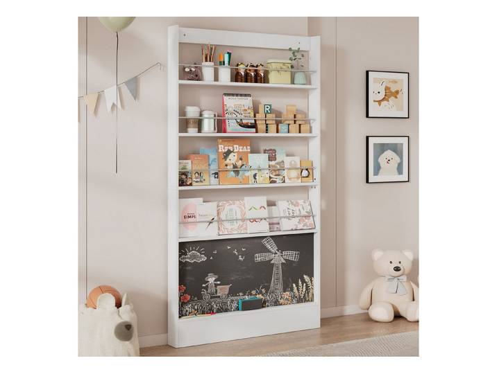 Celya Bücherregal Bilderbuchregal, Ausstellregal, Bücherregal, Kinderzimmer Bücherregal, Kippschutz/Platz sparen, 4-ebiges Aufbewahrungsregal + bemalbares Schwarzbord
