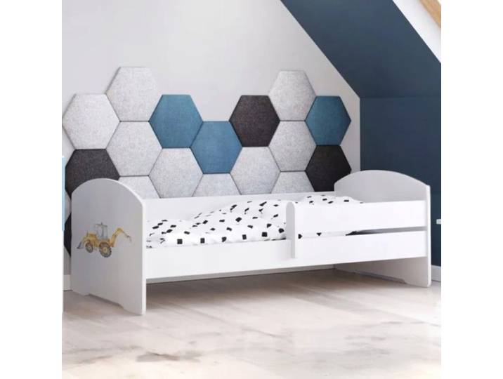 Lit enfant blanc LUK – 140x70 avec barrière et motif pelleteuse