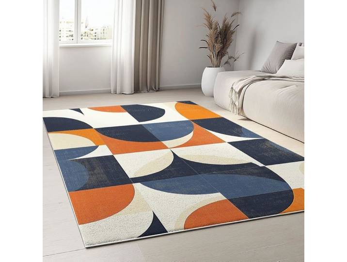 Tapis Salon et Chambre Poils courts et denses Motif Géométrie Vintage Cercles Bleu et Orange 60 x 110 cm Lavable en machine