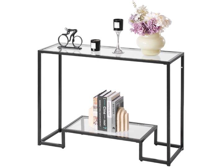 VEVOR 2-Laags Glazen Consoletafel\, Rechthoekige Bijzettafel\, Haltafel\, Zwart