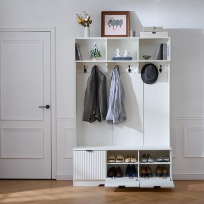 Modern Hall Tree Entryway Storage Unit with Hooks, Closed Cabinet and Lower Open Shoe Cubbies for Foyer Hallway