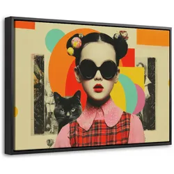 LEINWAND Bilder mit Rahmen - Mädchen - Sonnenbrille - Katze - Retro - 30x20