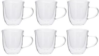 Lorren Home Trends Double Wall Cups, Clear Borosilicate Glass, 8 oz Capacity, Set of 6, with Handle, for Hot and Cold Beverages