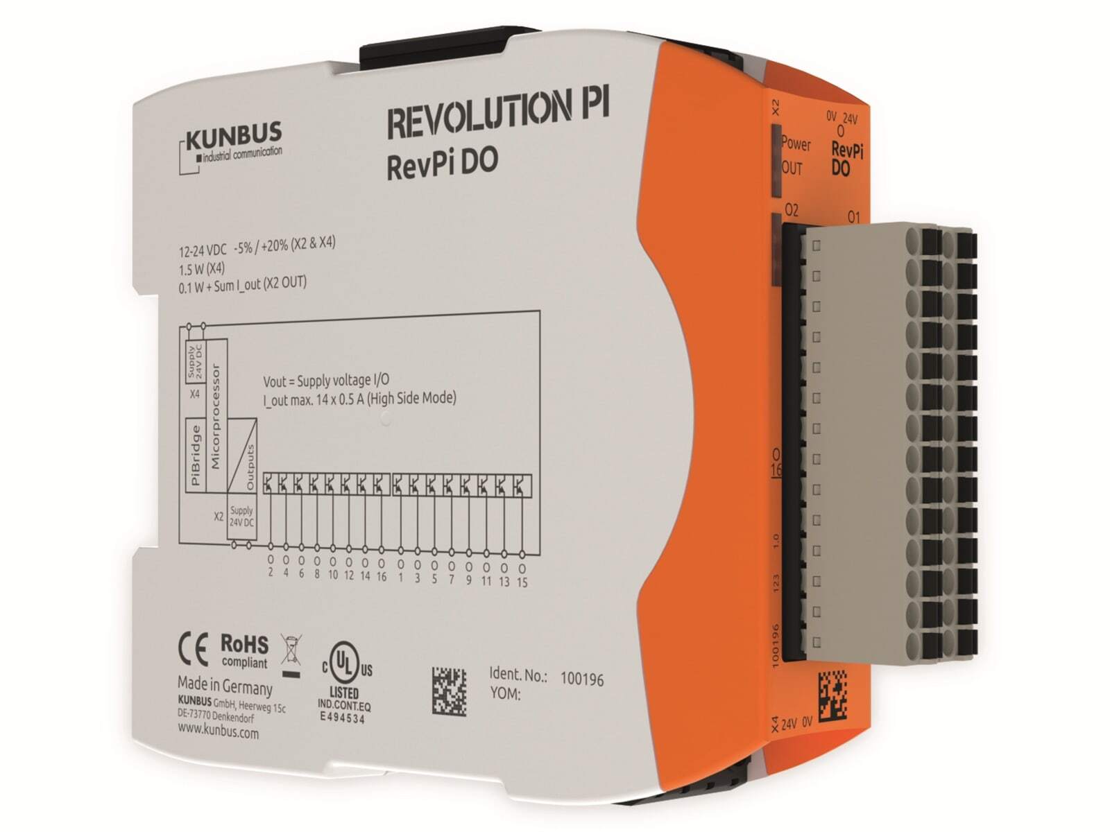KUNBUS RevolutionPi DO, Digital, Ausgang, 16 Kanäle, 16 Kanäle, IP20, Orange, Weiß