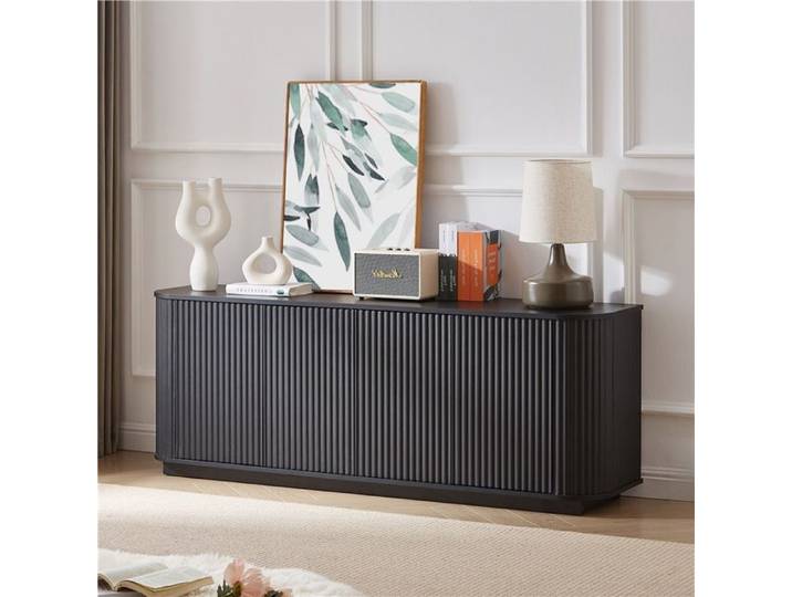 Meuble TV buffet motif ondulé 162 5x38x61 cm rangement bois rayé vertical noir design moderne
