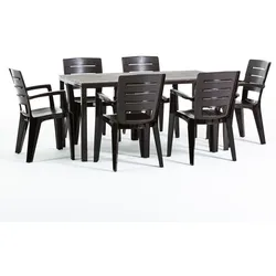 RATTATAN Gartenset mit Tisch und 6 Stühlen, rechteckiger Tisch mit Stahlgestell und stapelbaren Stühlen aus Harz mit Armlehnen –Thomas+Anita/Mokka