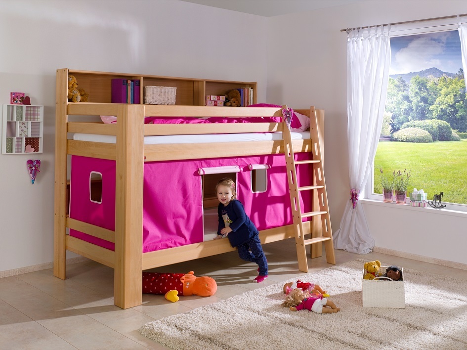 Etagenbett Jan Buche Natur lackiert mit Bücherregal 90x200 cm