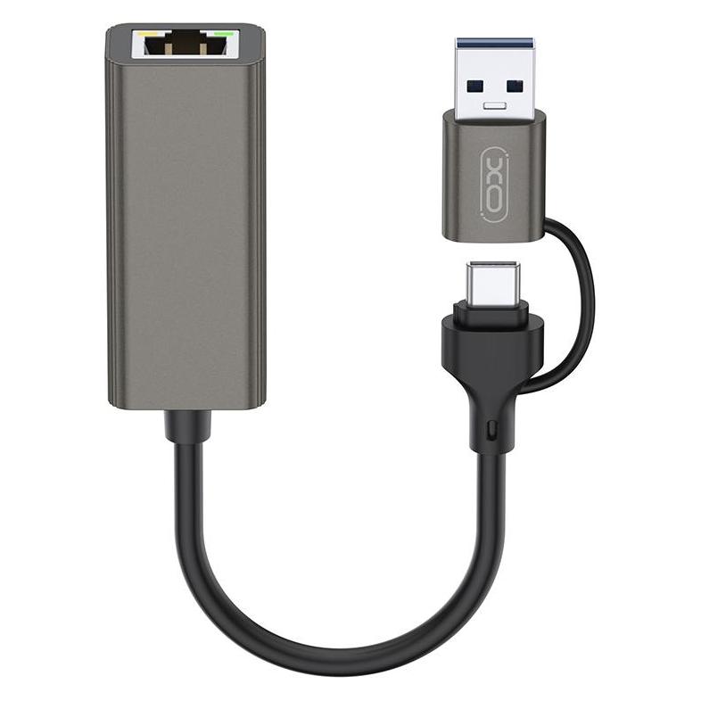 xO adapter HUB HUB018 2w1 USB-USB-C - RJ45 gray (USB-A, USB-C) (HUB018)