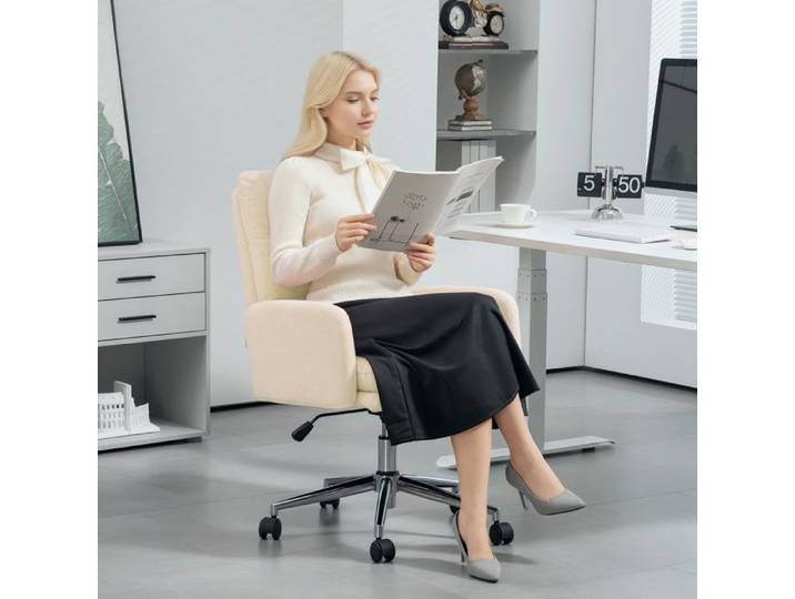 Chaise de bureau rembourrée pivotante à roulettes fonction bascule blanc crème