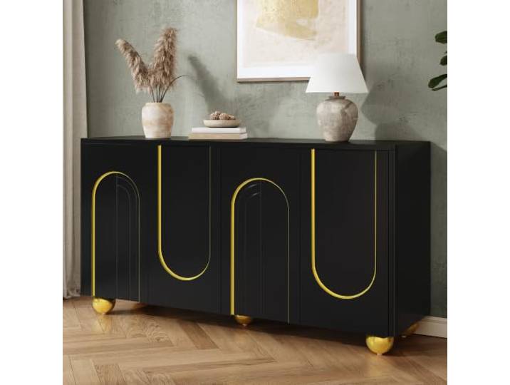 Merax Viertüriges Sideboard 140x40x74 cm mit Bogen-Goldlinien-Dekor & Kugel-Metallfüßen – Schwarz