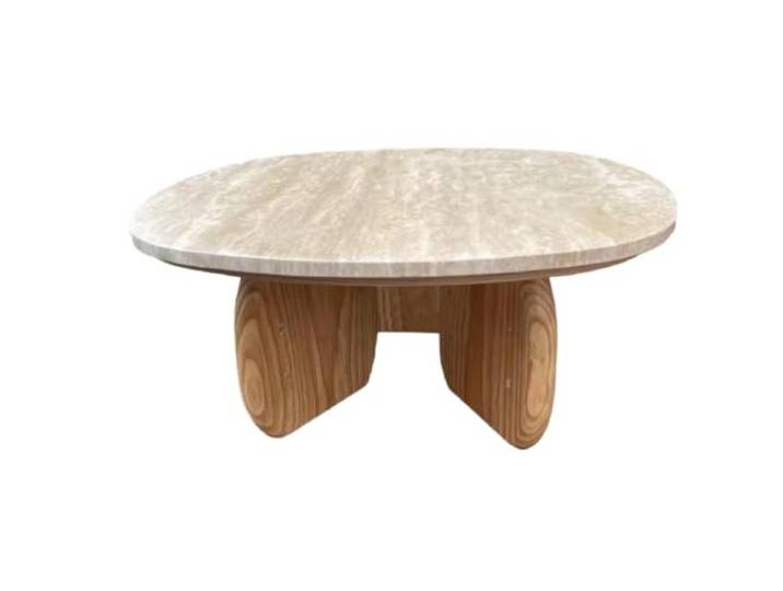Moderner Couchtisch aus Naturstein, runder Holztisch für das Wohnzimmer Natursteinplatte, Massivholzbeine, modern‑minimalistischer Stil, Lösung für kleine Räume(B,27.6x27.6x13.8)