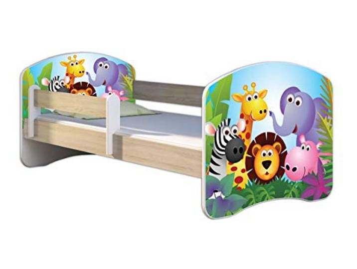 ACMA Kinderbett 180x80 Jugendbett mit Matratze, Farbe Sonoma mit Rausfallschutz Lattenrost II Spielbett Kinderzimmer Möbel, 01 Zoo