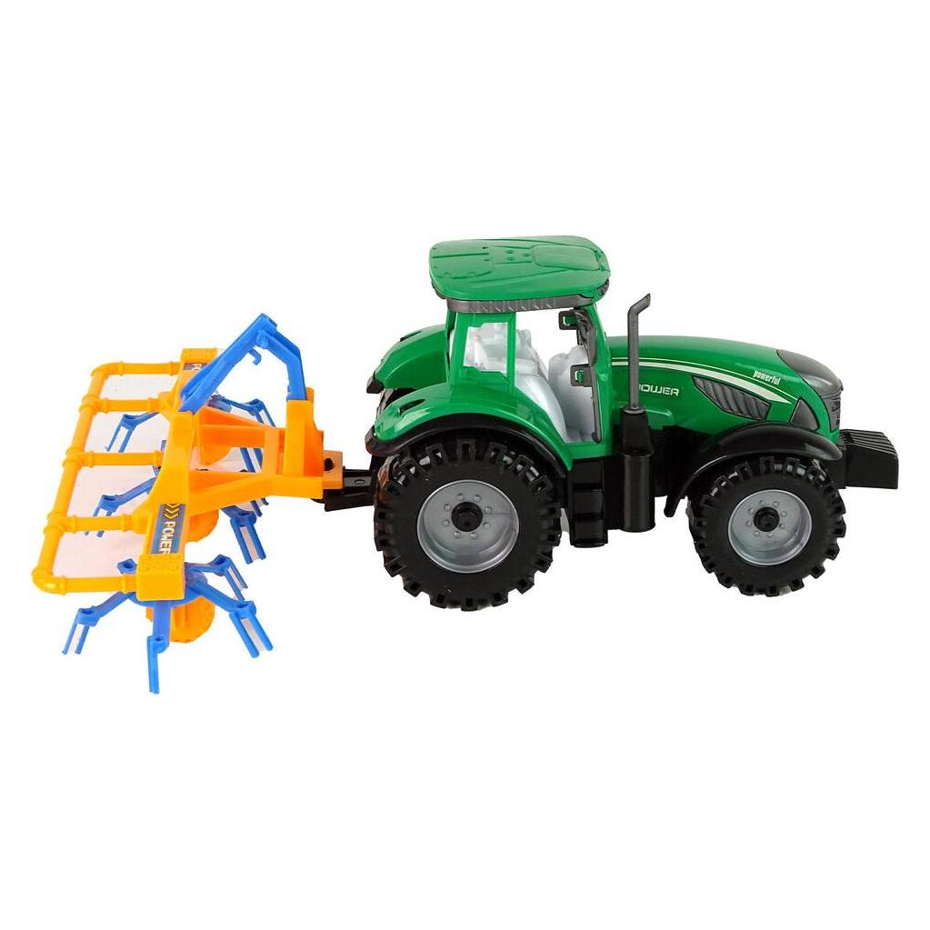 Lean Toys Grüner Traktor mit orangefarbenem und blauem Rechen-Reibungsantrieb (37177176)