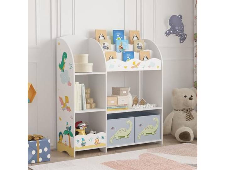 [en.casa] Kinderregal Lysekil Bücherregal für Kinder mit 2 Aufbewahrungsboxen Spielzeugregal 100 x 93 x 30 cm Spielzeug Aufbewahrung Dinosaurier Motiv