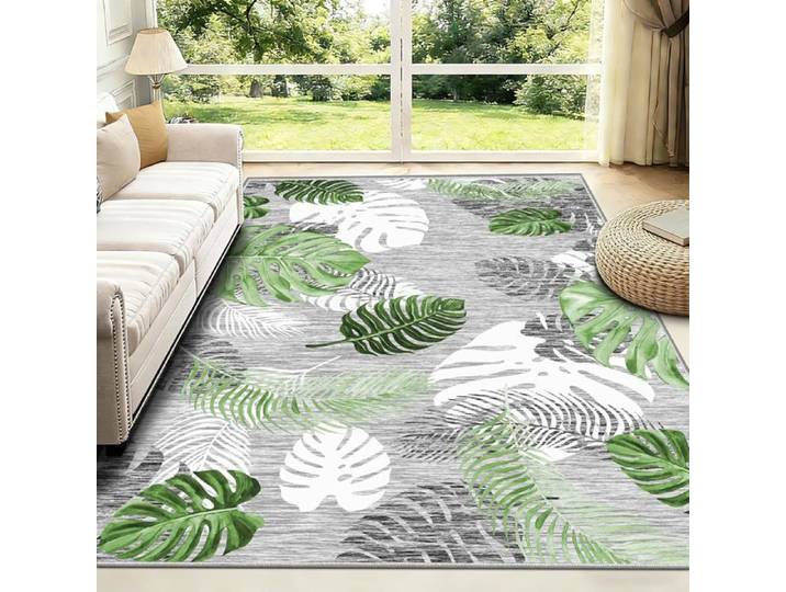 Gris Vert Tapis Salon 120x170cm Interieur Tapis Tropical Monstera Doux Poils Ras Lavable en Machine Antidérapant pour Chambre