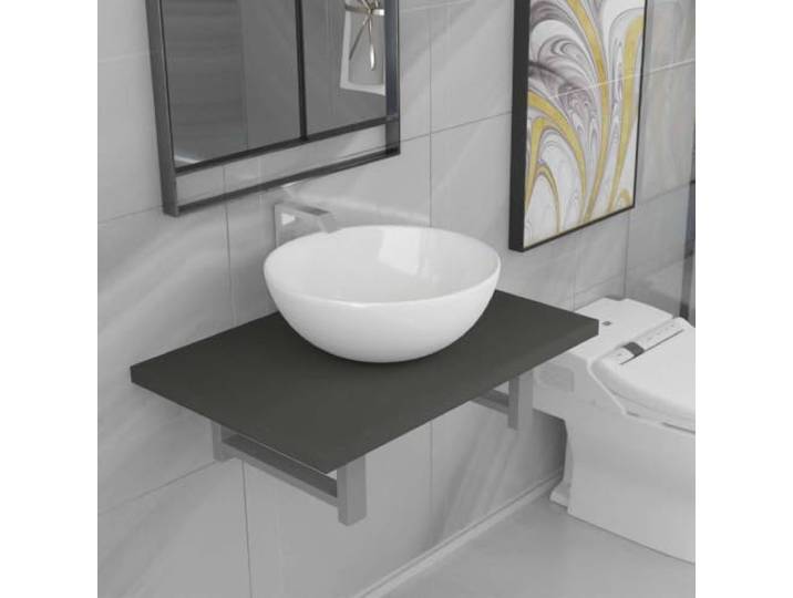 WEMYUFURN 2-TLG. Badmöbel-Set mit Wandregal und Keramikwaschbecken Grau Ovalförmiges Becken, Hochglanzbeschichtung, einfache Wandmontage, robustes Regal, für Bad und Waschraum