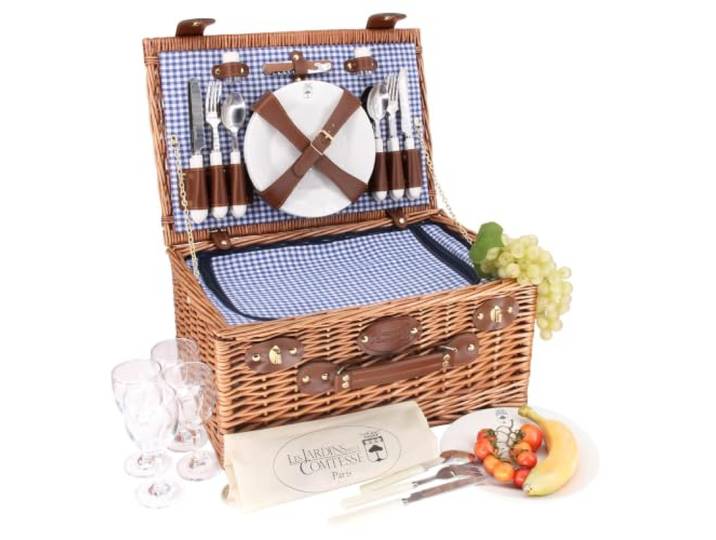 Les Jardins de la Comtesse – Korb Pique-Nique Marly Sammelkorb – Vichy Stoff – komplett – 4 Personen – Kühlfach – Teller aus Keramik und Weingläser aus Glas – 46 x 31 x 20 cm