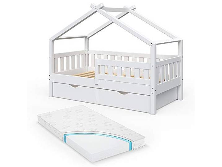 Vitalispa Hausbett Design , Weiß 80x160 cm mit 2 Schubladen und Matratze, geeignet als Spiel- und Schlafbereich für Kinder