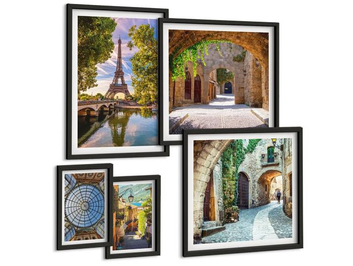 BILDER SET 5er Set - 50x50 cm & 20x30 cm & 40x60 cm Schwarzer Rahmen - Grüne, saftige Blätter