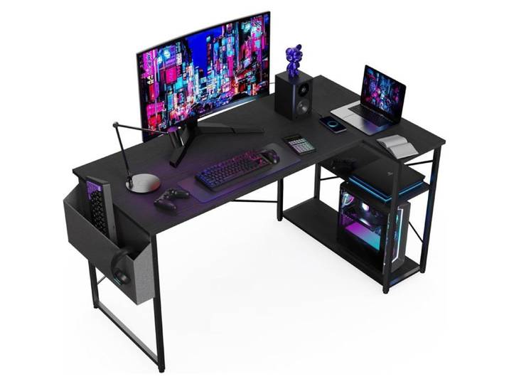 Bureau Gaming d'angle 100x70 cm Petit Table Forme L Bureau Etagères Rangements Angle Réversible Gaming Bureau Informatique Noir