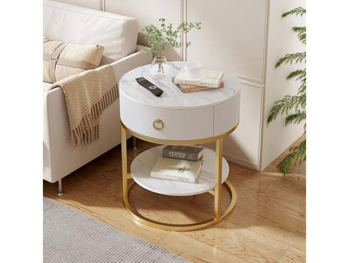 ROHCGHC Beistelltisch, Runder Beistelltisch mit Schublade(/Gold,B)