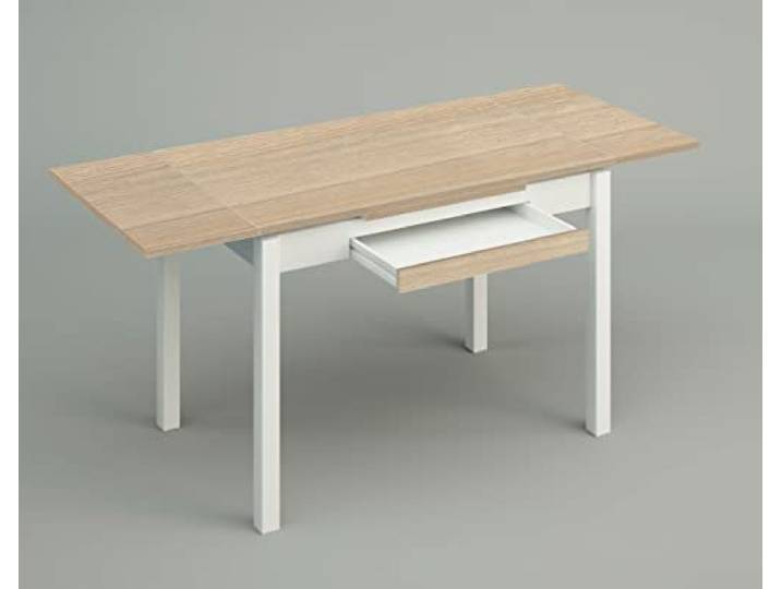 ASTIMESA Ausziehbarer Küchentisch mit laminierter Platte, mit 2 Flügeln und Schublade, Gestell aus weißem Metall, Farbe: helle Eiche, geschlossener Tisch: 100 cm x 60 cm, ausziehbarer Tisch: 150 x 60