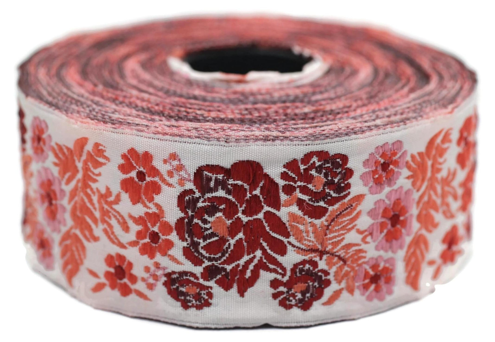 Jacquard lint met geweven tuinmotief in bordeauxrood en veroranje, 10 m x 35 mm