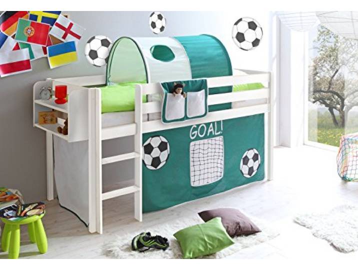 TiCAA Hochbett Spielbett Malte Kiefer massiv Weiss, Vorhangstoff:Goal