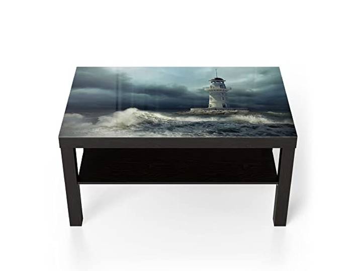 DEQORI Glastisch schwarz groß 90x50 cm Motiv Leuchtturm im Sturm ausgefallener Beistelltisch aus Glas Hochglanz Couchtisch fürs Wohnzimmer moderner Couch Tisch mit Design